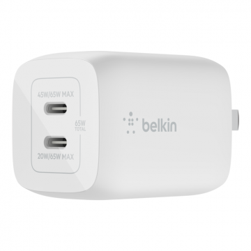 Belkin贝尔金65W双口USB-C氮化镓PD充电器Typec适用苹果iPhone15/14/13华为手机笔记本Macbook电脑iPad快充插头WCH013